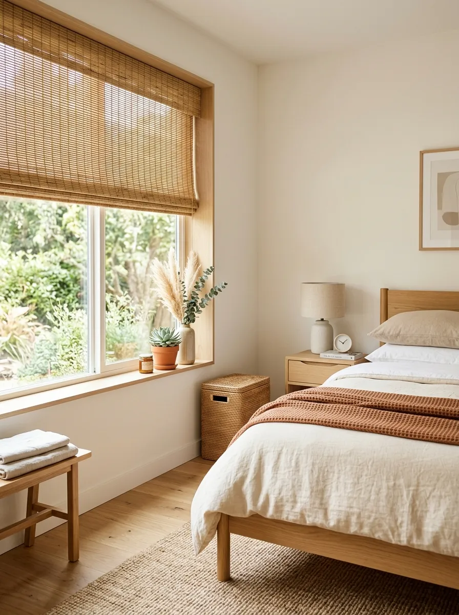 Image prompt: A real-life Japandi bedroom window with natural bamboo woven blinds filtering soft daylight, neatly made bed nearby, clean organized space, bright natural light streaming through, beautifully arranged minimalist interior, vibrant warm tones, realistic stock photography style.
