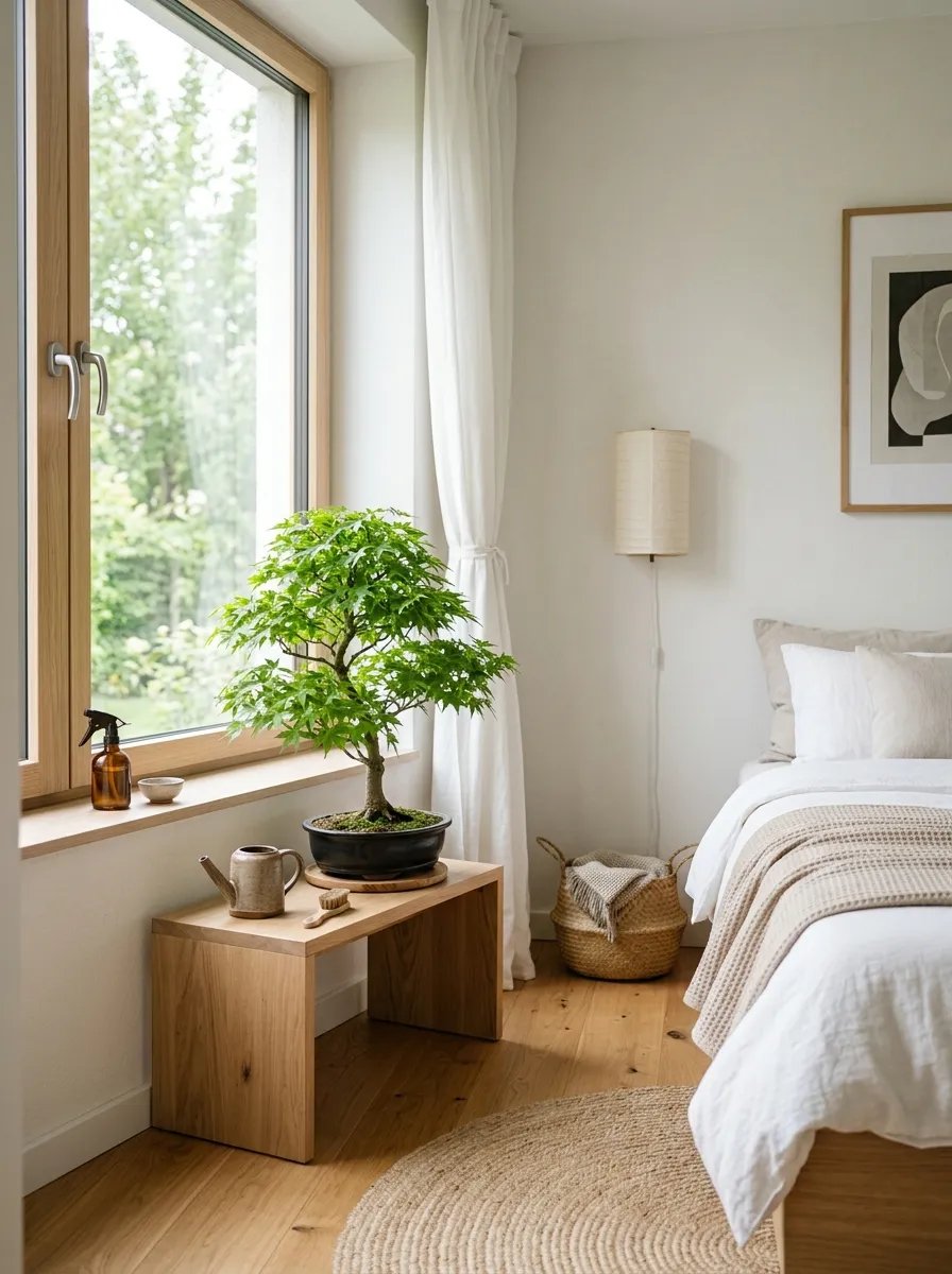 Image prompt: A real-life Japandi bedroom corner with a small potted bonsai on a low wood stand near a window, neatly arranged, bright natural light, clean organized minimalist space, beautifully styled greenery accent, vibrant natural green tones, realistic stock photo style.