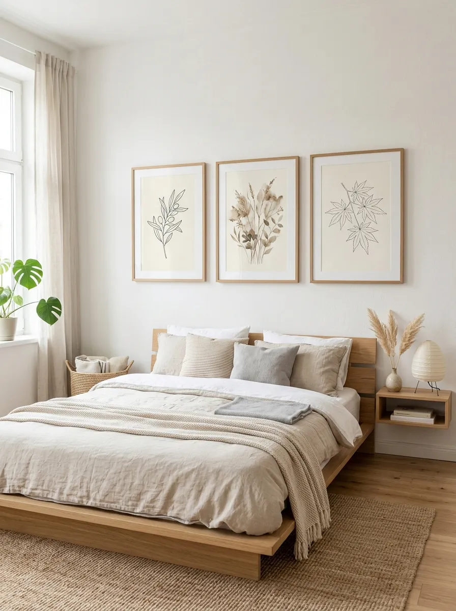Image prompt: A real-life Japandi bedroom wall with two or three simple nature-inspired framed prints in matching thin wood frames, neatly arranged above a low bed, bright natural light, clean organized minimalist space, beautifully styled, vibrant soft natural tones, realistic stock photography style.