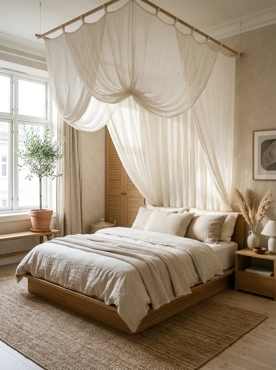 Image prompt: A real-life Japandi bedroom with a sheer linen canopy drape hanging softly above a neatly made low platform bed, bright natural light filtering through the fabric, clean organized minimalist space, beautifully arranged, vibrant soft natural tones, realistic stock photography style.