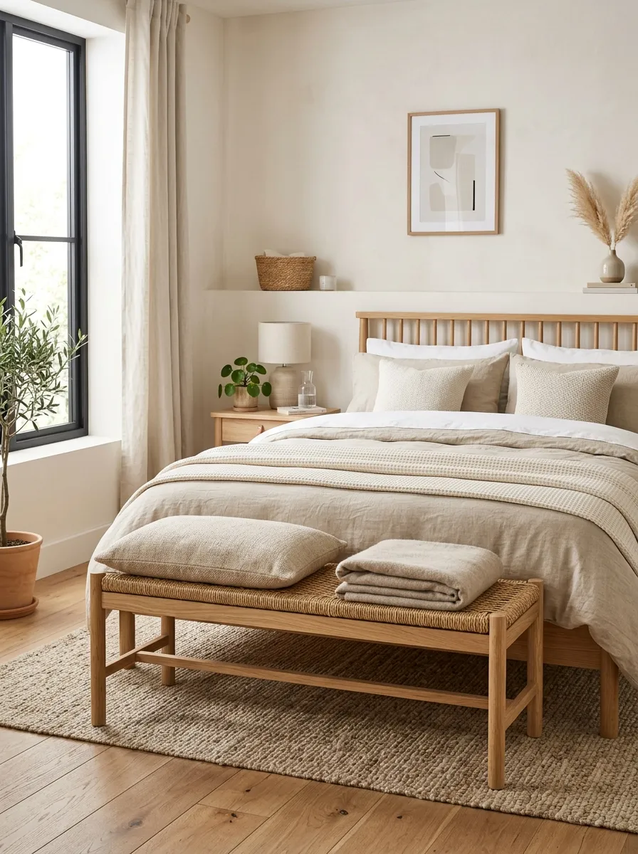 Image prompt: A real-life Japandi bedroom with a natural wood storage bench and woven cushion top at the foot of a neatly made bed, bright natural light, clean organized minimalist space, beautifully arranged, vibrant warm natural tones, realistic stock photography style.