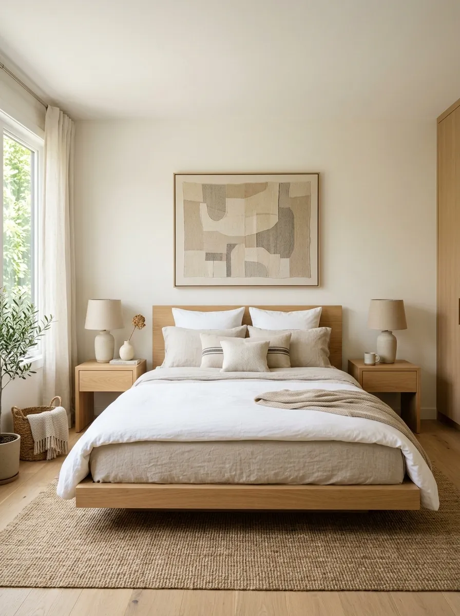Image prompt: A real-life Japandi bedroom with symmetrical matching nightstands and lamps on either side of a neatly made bed, bright natural light, clean organized minimalist space, beautifully arranged balanced layout, vibrant warm natural tones, realistic stock photography style.