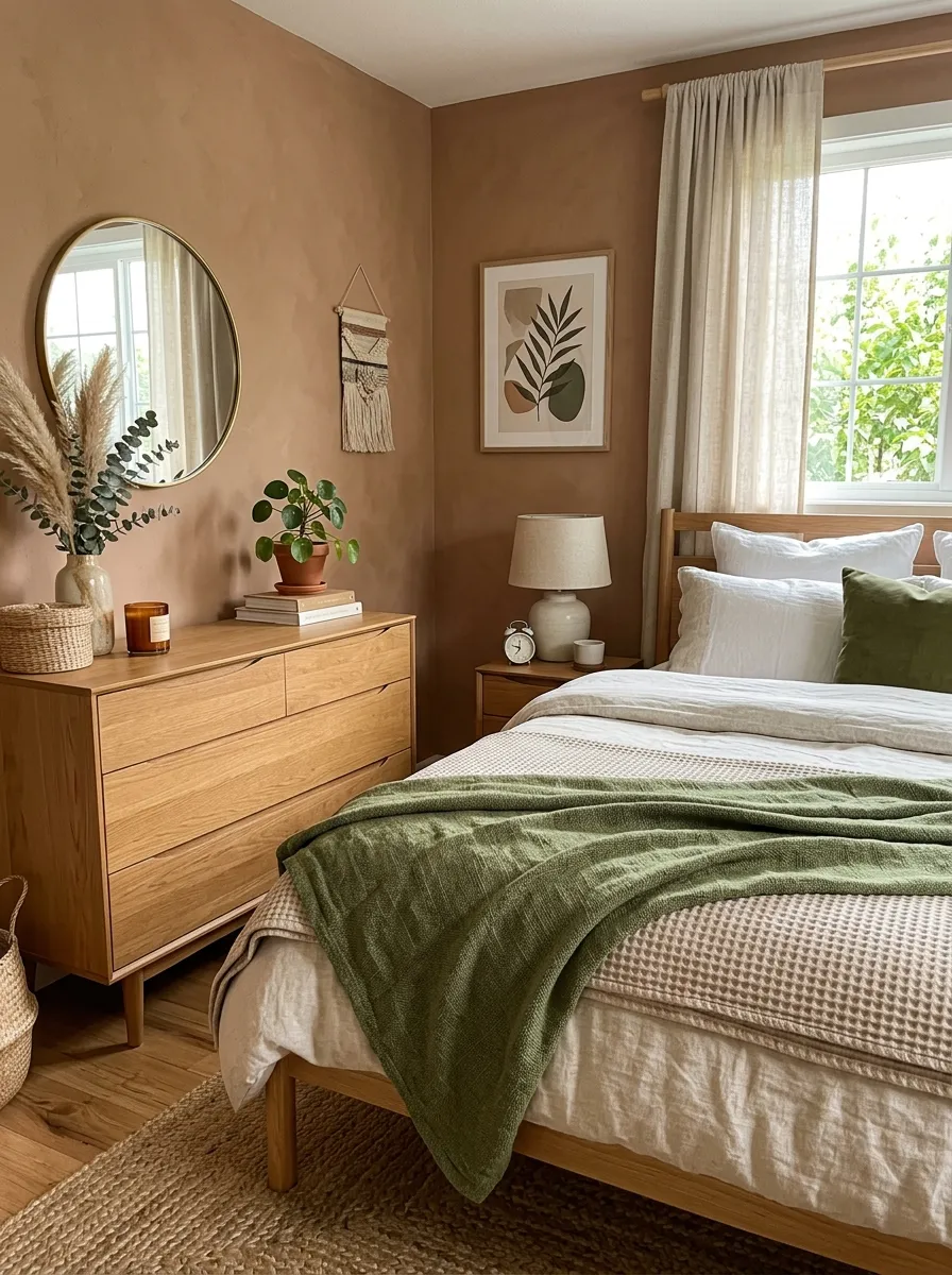 Image prompt: A cozy real-life bedroom corner featuring an earthy muted color palette of clay, oatmeal, and moss green, neatly made bed with a textured linen throw, organized dresser with natural decor, bright natural light, clean and beautifully arranged interior, vibrant warm tones, realistic stock photography style.