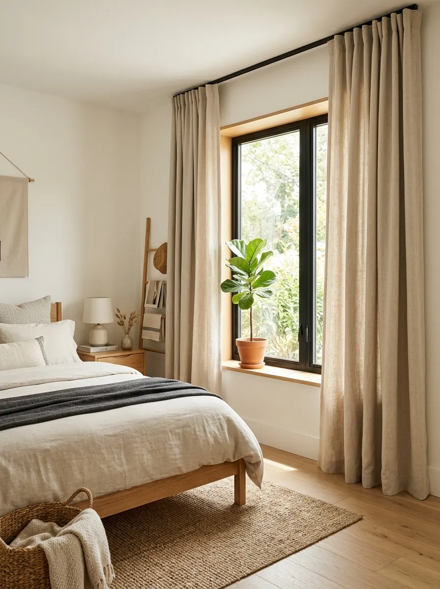 Image prompt: A real-life Japandi bedroom window with soft linen blackout curtains hung from ceiling height, neutral oatmeal tone, neatly made bed nearby, bright natural light streaming in, clean organized minimalist space, beautifully arranged, vibrant warm tones, realistic stock photography style.