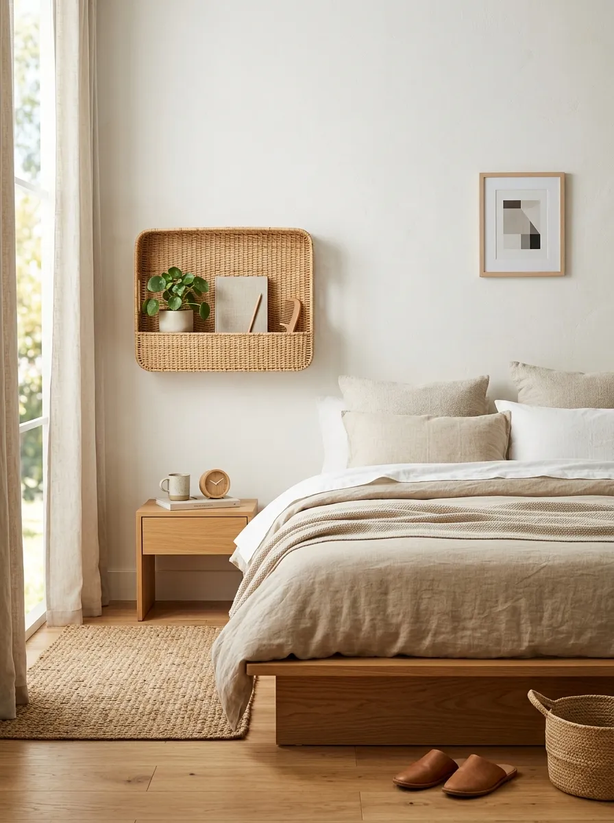Image prompt: A real-life Japandi bedroom wall with a flat woven rattan storage basket mounted beside a low bed, neatly arranged, bright natural light, clean organized minimalist space, beautifully styled, vibrant warm natural tones, realistic stock photography style.