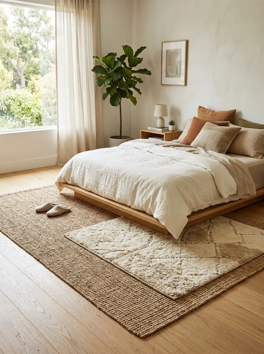 Image prompt: A real-life Japandi bedroom floor with a large jute rug layered under a smaller wool accent rug near a low bed, neatly arranged, bright natural light, clean organized minimalist space, beautifully styled textures, vibrant warm natural tones, realistic stock photography style.