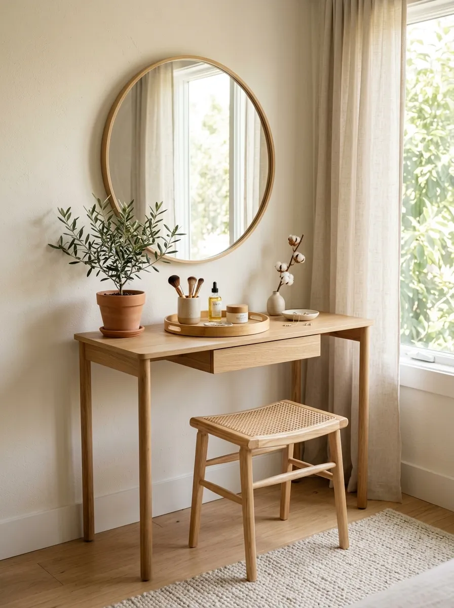 Image prompt: A real-life Japandi bedroom corner vanity nook with a slim wood desk, simple stool, and round mirror, neatly arranged with one tray of essentials, bright natural light, clean organized minimalist space, beautifully styled, vibrant warm natural tones, realistic stock photography style.