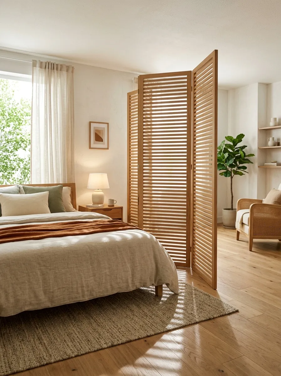 Image prompt: A real-life Japandi bedroom with a slatted wood folding screen room divider partially separating a sleeping area, neatly arranged bed nearby, bright natural light passing through the slats, clean organized minimalist space, beautifully styled, vibrant warm tones, realistic stock photography style.