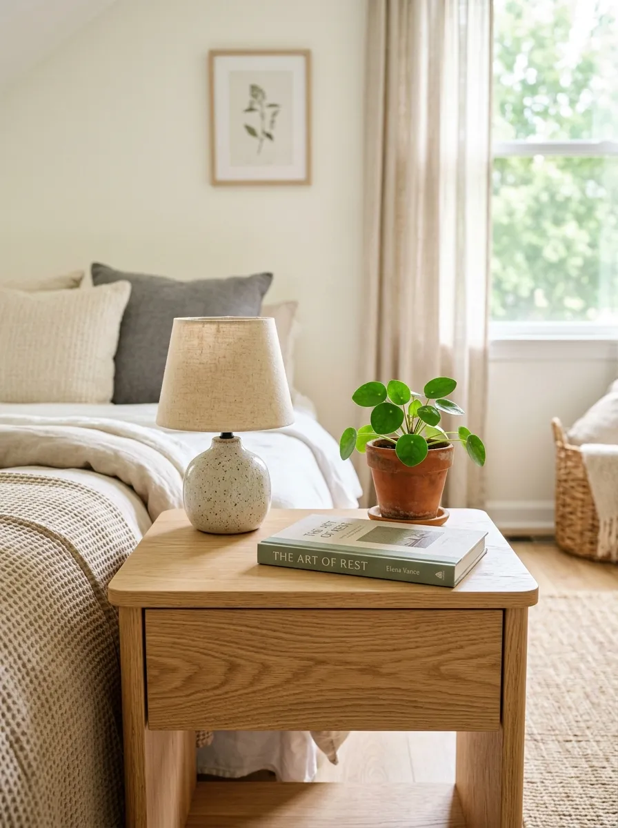 Image prompt: A minimalist nightstand in a real-life bedroom, neatly arranged with a small ceramic lamp, one book, and a tiny green plant, natural wood texture, bright natural light, clean organized surface, Japandi style bedroom background softly blurred, vibrant yet calm colors, realistic stock photo style.