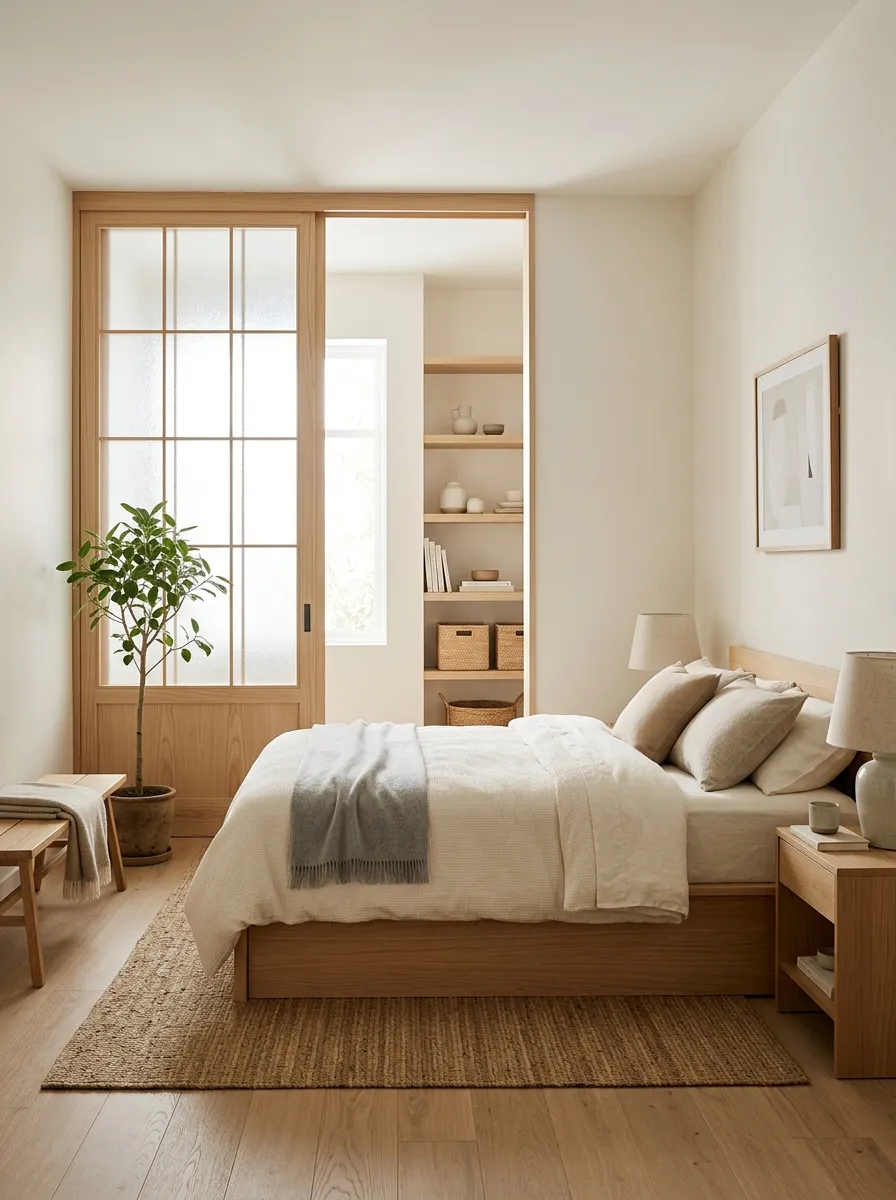 Image prompt: A real-life Japandi bedroom featuring a shoji-inspired sliding door with frosted glass and light wood frame, neatly made bed nearby, clean organized space, bright natural light filtering through the panels, beautifully arranged minimalist interior, vibrant soft tones, realistic stock photography style.