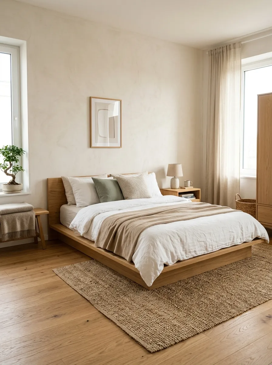 Image prompt: A real-life Japandi bedroom with a woven tatami-inspired area rug layered partially under a low natural wood bed, neatly made bedding, bright natural light, clean and organized minimalist space, beautifully arranged textures, vibrant warm tones, realistic stock photo style.