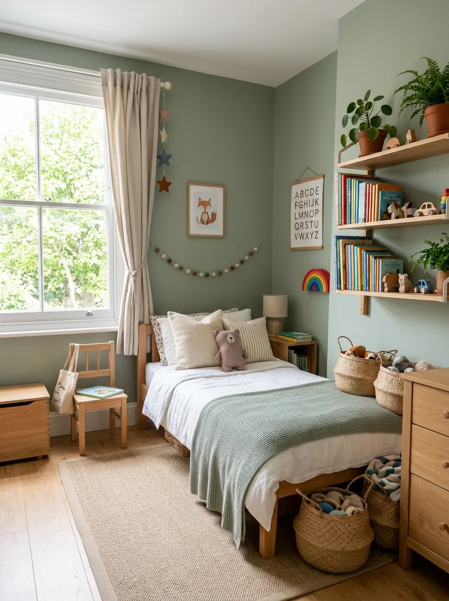 Image prompt: A real-life photograph of a cozy children's bedroom with sage green painted walls, a neatly made bed with white linen and a soft green throw, wooden furniture, woven baskets for toy storage, beautifully arranged shelves with books and plants, organized and clean space, bright natural light streaming through a window, vibrant yet soft color tones, shot in a realistic stock-photo style, no illustration or 3D render.
