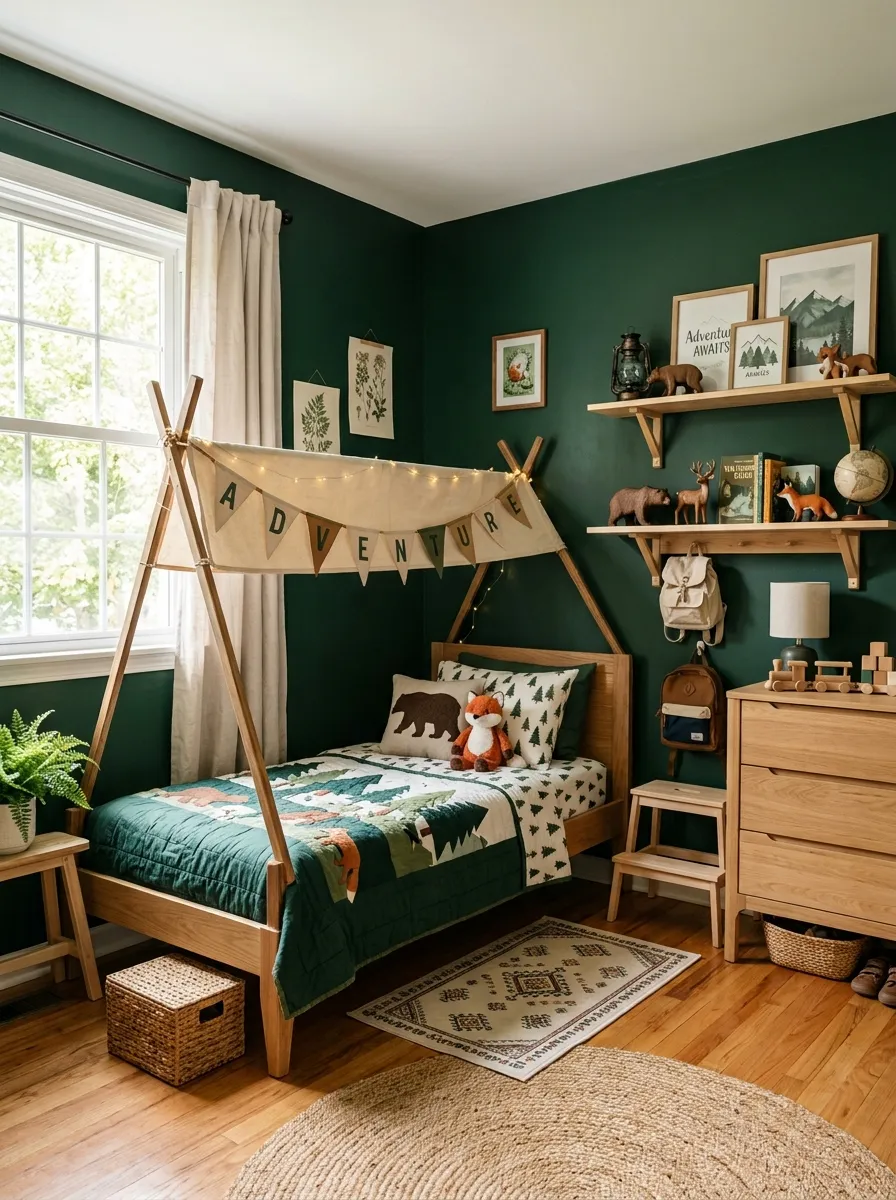 Image prompt: A real-life photograph of a cozy children's bedroom with deep forest green walls, a neatly made bed under a canvas canopy, light wood furniture, beautifully arranged shelf with camping-themed decor, organized and clean space, bright natural light from a window, rich vibrant green tones, realistic stock-photo style, no illustration or 3D render.
