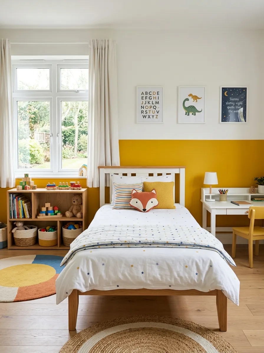 Image prompt: A real-life photograph of a children's bedroom with a two-tone color-blocked wall, half soft white and half vibrant accent color, a neatly made bed centered against the wall, beautifully arranged toy shelf and desk, organized and clean space, bright natural light through a window, vivid contrasting tones, realistic stock-photo style, no illustration or 3D render.