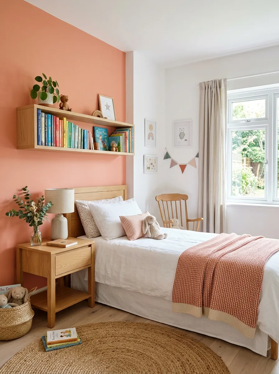 Image prompt: A real-life photograph of a bright children's bedroom with a soft coral accent wall, a neatly made bed with white linen, light wood nightstand, beautifully arranged shelf with books and small plants, organized and clean space, bright natural light through a window, warm vibrant coral tones, realistic stock-photo style, no illustration or 3D render.