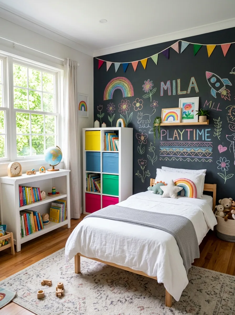 Image prompt: A real-life photograph of a children's bedroom with a charcoal chalkboard accent wall covered in colorful chalk drawings, a neatly made bed with white linen, bright storage bins nearby, beautifully arranged shelf with books, organized and clean space, bright natural light through a window, vivid chalk colors, realistic stock-photo style, no illustration or 3D render.