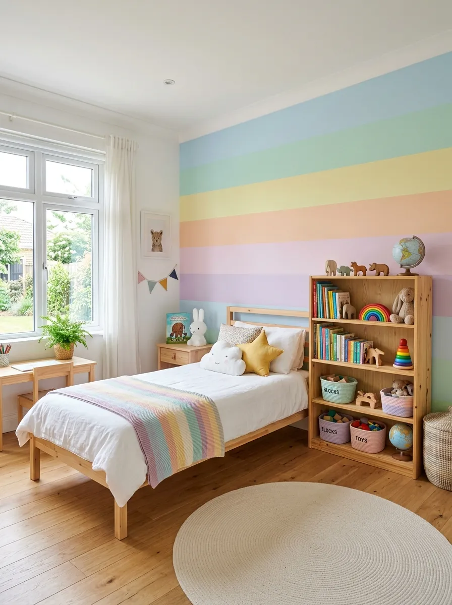 Image prompt: A real-life photograph of a children's bedroom with soft pastel rainbow striped walls, a neatly made bed with white linen, simple wooden furniture, beautifully arranged toy shelf, organized and clean space, bright natural light through a window, vibrant soft pastel tones, realistic stock-photo style, no illustration or 3D render.