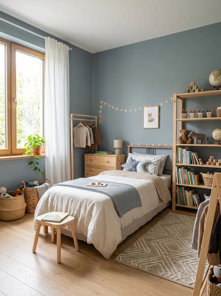 Image prompt: A real-life photograph of a calm children's bedroom with misty grey-blue walls, a neatly made bed with cream linen, natural wood furniture, beautifully arranged woven baskets and shelving, organized and clean space, bright natural light through a window, soft vibrant blue-grey tones, realistic stock-photo style, no illustration or 3D render.
