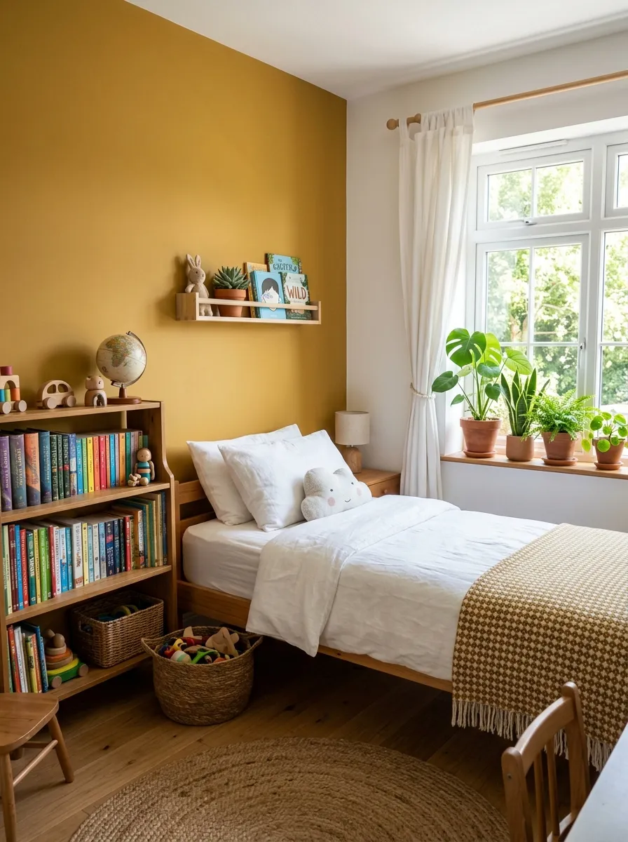 Image prompt: A real-life photograph of a children's bedroom with a golden mustard accent wall, a neatly made bed with white linen, green potted plants nearby, beautifully arranged wooden shelf with books, organized and clean space, bright natural light through a window, vivid mustard tones, realistic stock-photo style, no illustration or 3D render.