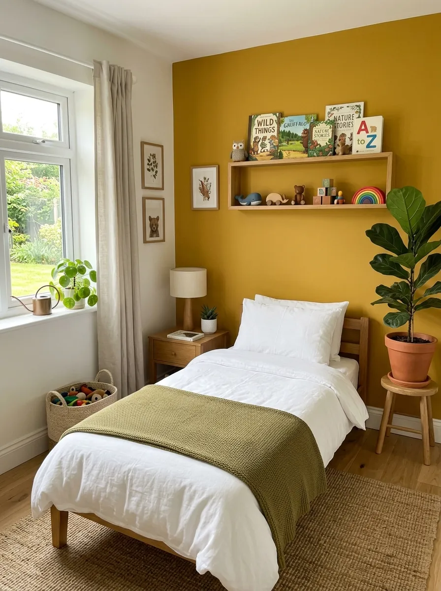 Image prompt: A real-life photograph of a bright children's bedroom with powder blue walls, a neatly made bed with white linen and cloud-shaped cushions, sheer white curtains, beautifully arranged shelf with soft toys, organized and clean space, bright natural light through a window, soft vibrant blue tones, realistic stock-photo style, no illustration or 3D render.