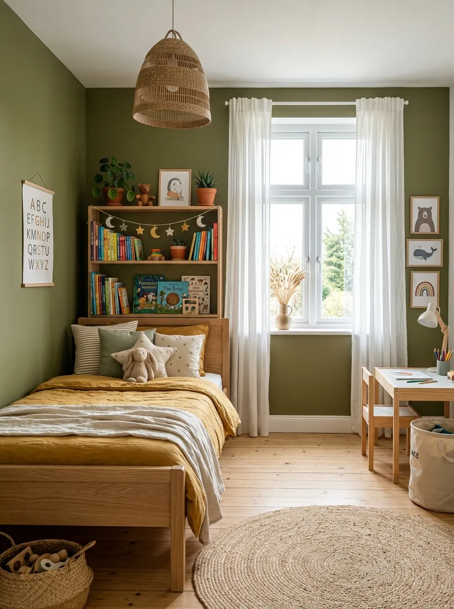 Image prompt: A real-life photograph of a modern children's bedroom with olive green walls, a neatly made bed with linen bedding, a rattan pendant light, beautifully arranged wooden shelf with books and plants, organized and clean space, bright natural light through a window, vibrant earthy green tones, realistic stock-photo style, no illustration or 3D render.