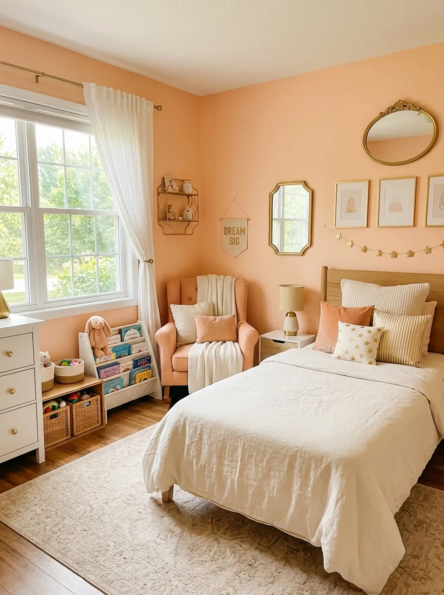 Image prompt: A real-life photograph of a cozy children's bedroom with peach sorbet walls, a neatly made bed with cream linen, gold accent decor, beautifully arranged reading corner with cushions and books, organized and clean space, bright natural light through a window, warm vibrant peach tones, realistic stock-photo style, no illustration or 3D render.