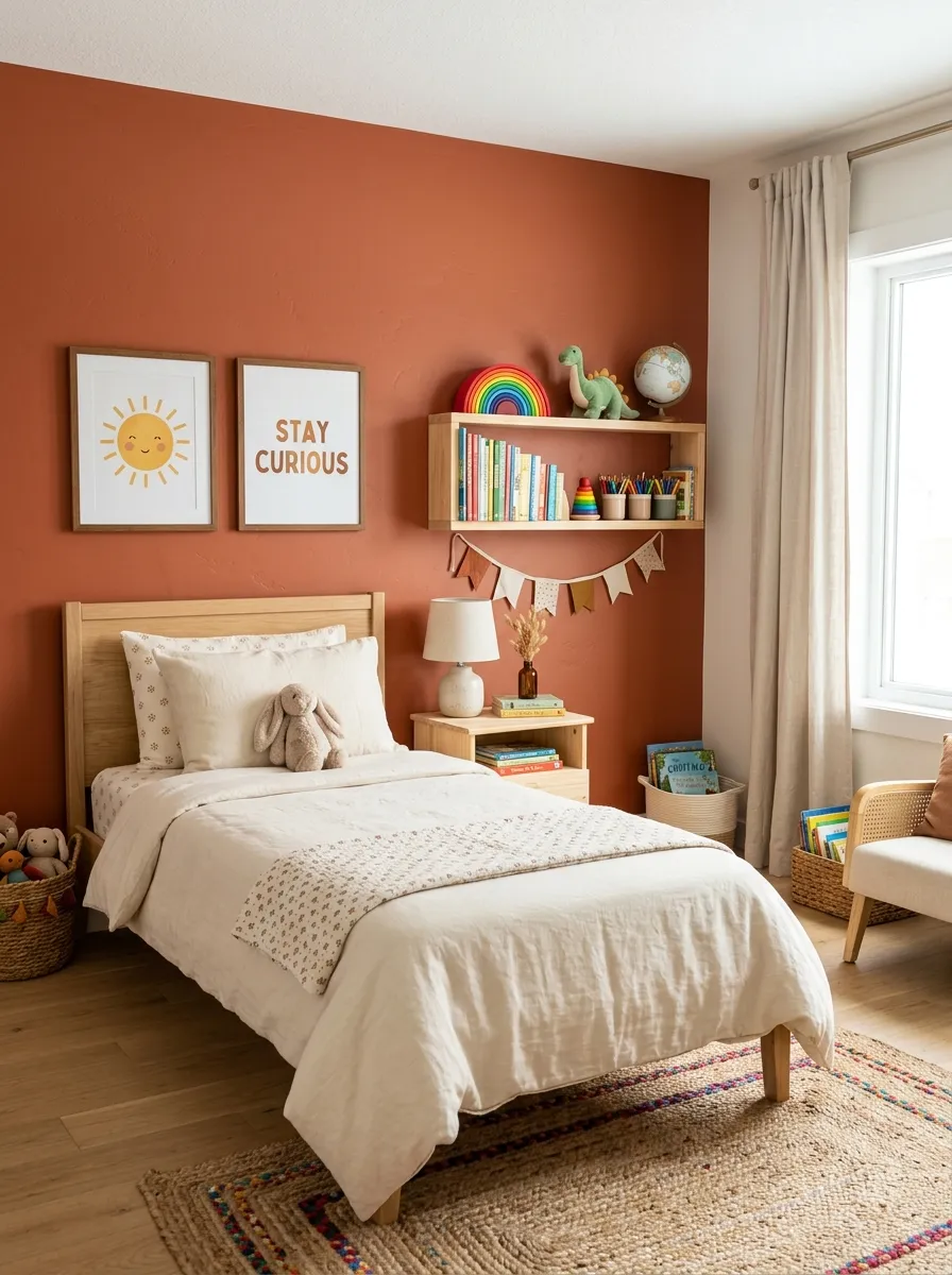 Image prompt: A real-life photograph of a bright children's bedroom with a terracotta accent wall behind a neatly made bed, cream bedding, natural wood nightstand, beautifully arranged shelf with toys and books, organized and clean room, bright natural light from a nearby window, warm vibrant colors, realistic stock-photo style, no illustration or 3D render.