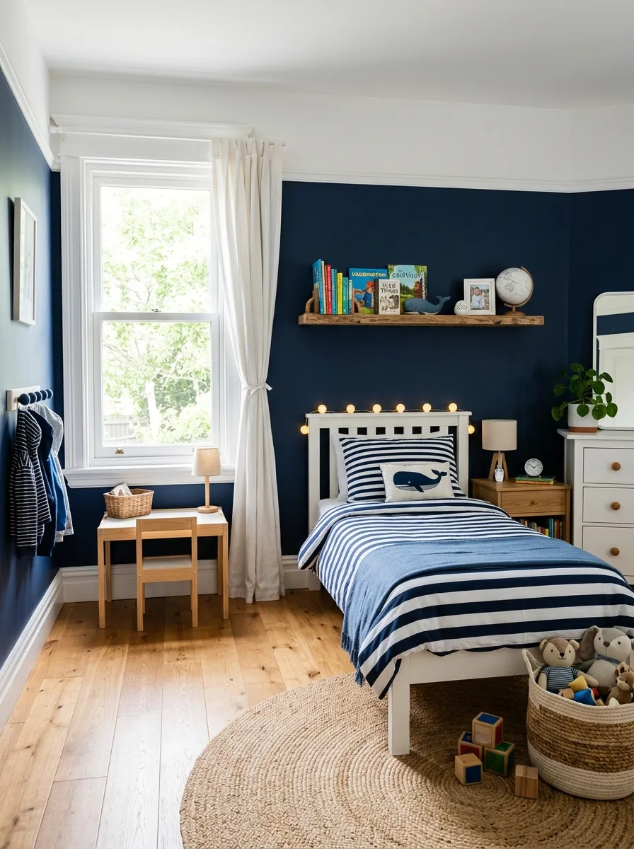Image prompt: A real-life photograph of a children's bedroom with navy blue walls and crisp white trim, a neatly made bed with striped bedding, wooden furniture accents, beautifully arranged shelf with books and decor, organized and clean space, bright natural light through a window, vivid navy and white tones, realistic stock-photo style, no illustration or 3D render.