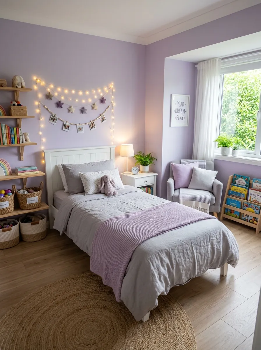 Image prompt: A real-life photograph of a serene children's bedroom with lavender mist walls, a neatly made bed with soft grey linen, a small reading nook with cushions, beautifully arranged string lights above the headboard, organized and clean space, bright natural light coming through a window, soft vibrant purple tones, realistic stock-photo style, no illustration or 3D render.