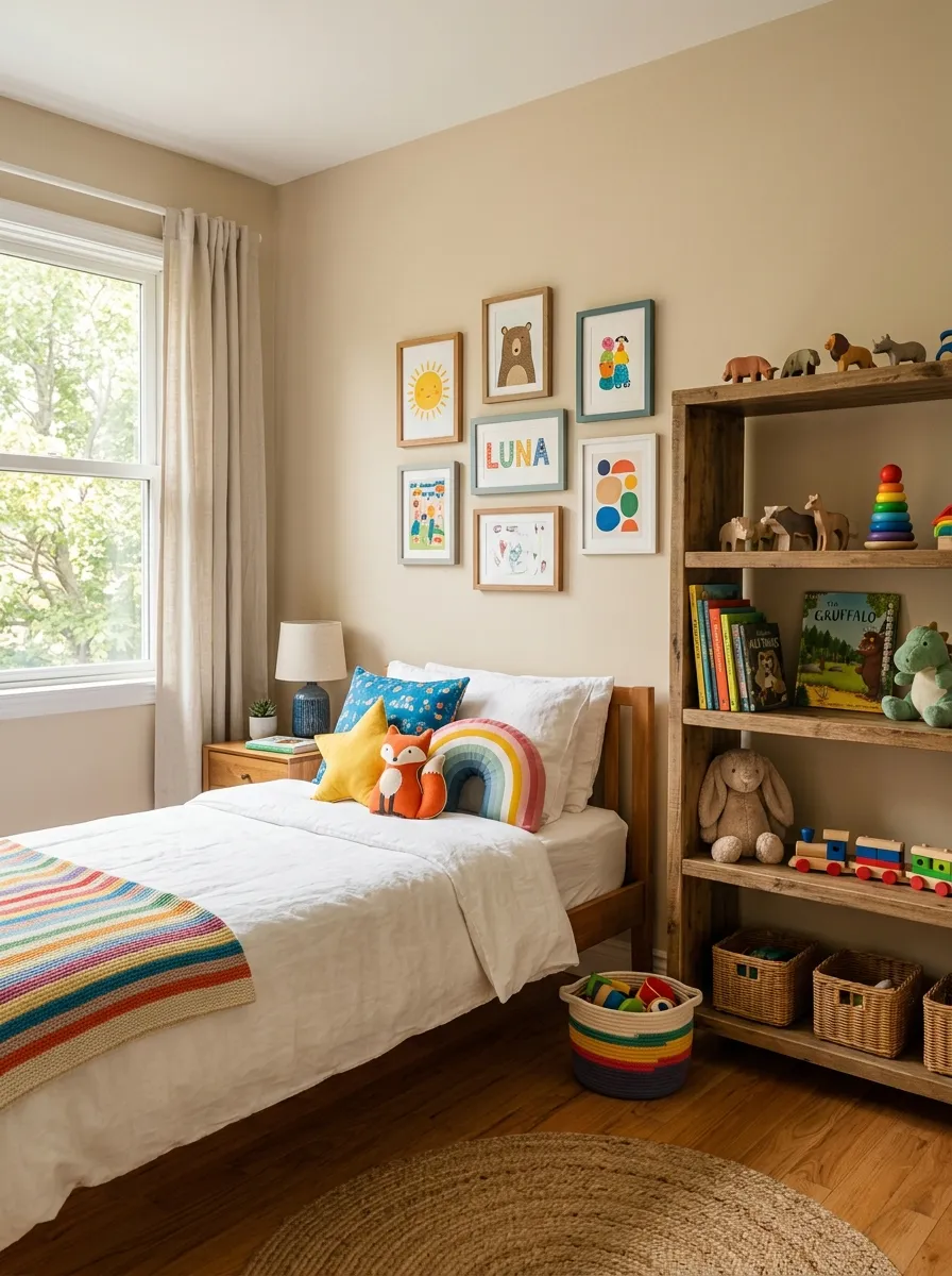 Image prompt: A real-life photograph of a warm sand-colored children's bedroom, a neatly made bed with bright colorful accent pillows, a small gallery wall of colorful artwork, beautifully arranged wooden shelf with toys, organized and clean space, bright natural light through a window, warm neutral tones with vibrant color pops, realistic stock-photo style, no illustration or 3D render.
