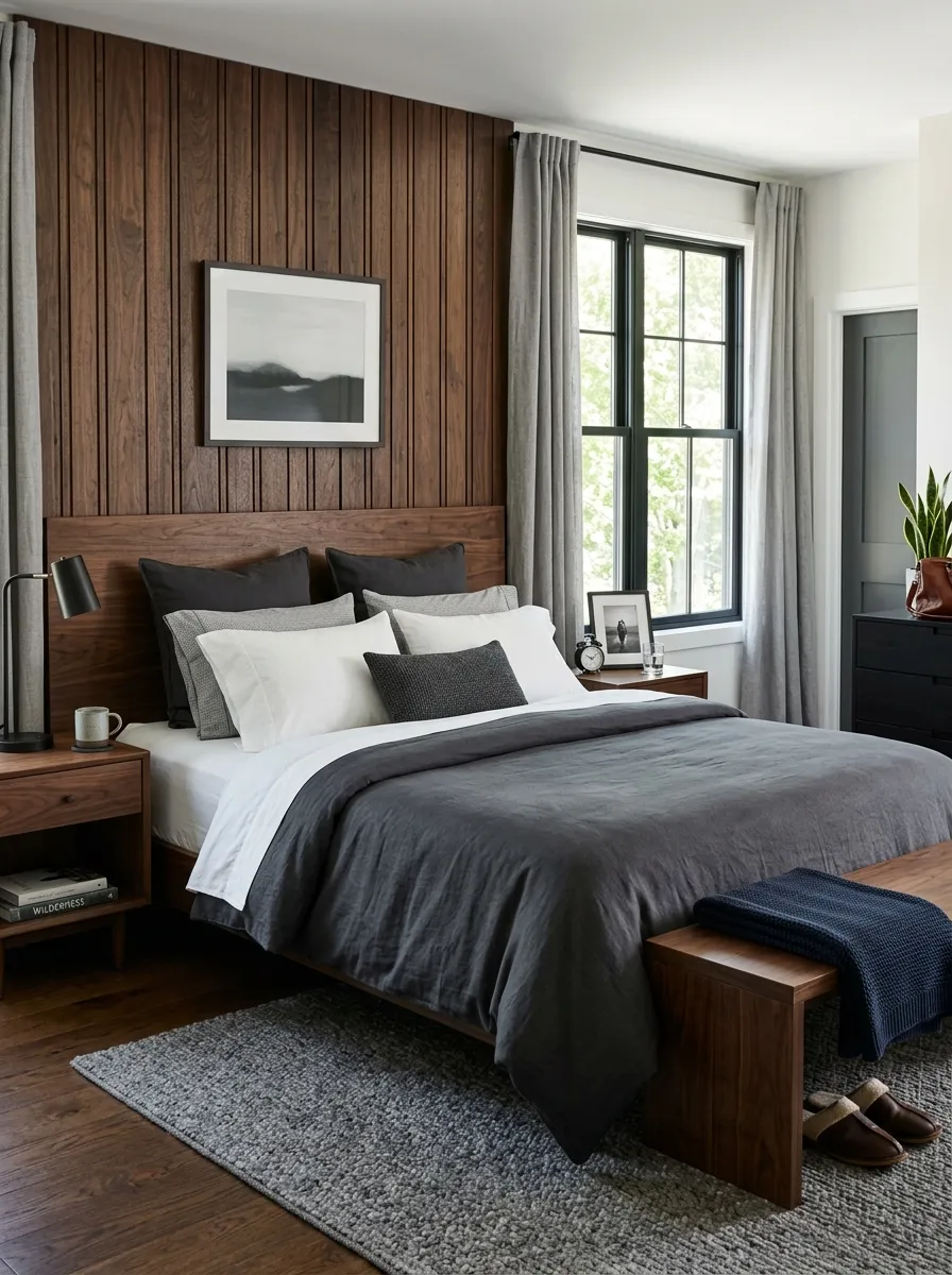 Prompt: A real-life photo of a bedroom bed with a dark walnut wood-paneled headboard, neatly made bed with charcoal bedding in front of it. Bright natural light, clean, organized, and beautifully arranged masculine bedroom, realistic lifestyle photography, not illustration.