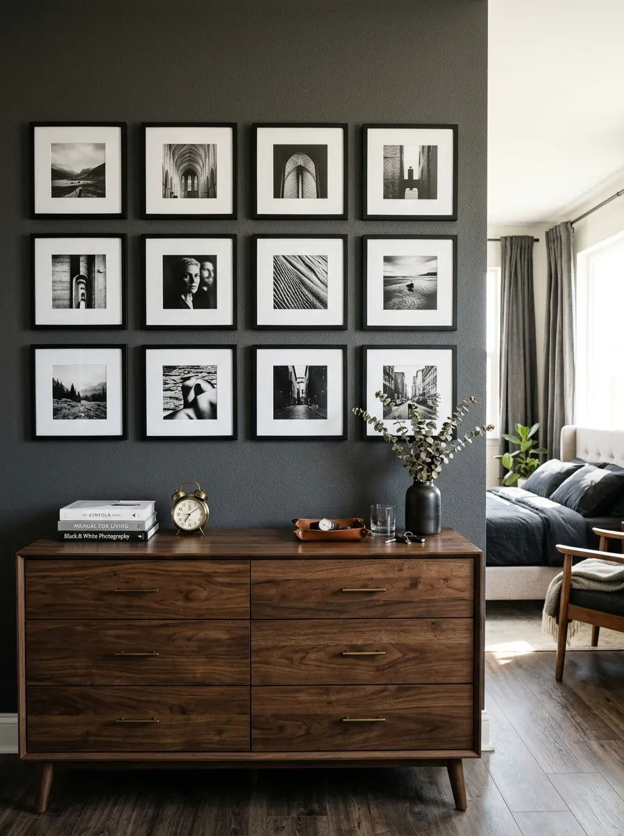 Prompt: A real-life photo of a black and white framed photography gallery wall above a wooden dresser in a masculine bedroom, evenly spaced matte black frames. Bright natural light, clean, organized, and beautifully arranged, realistic lifestyle photography, not illustration.