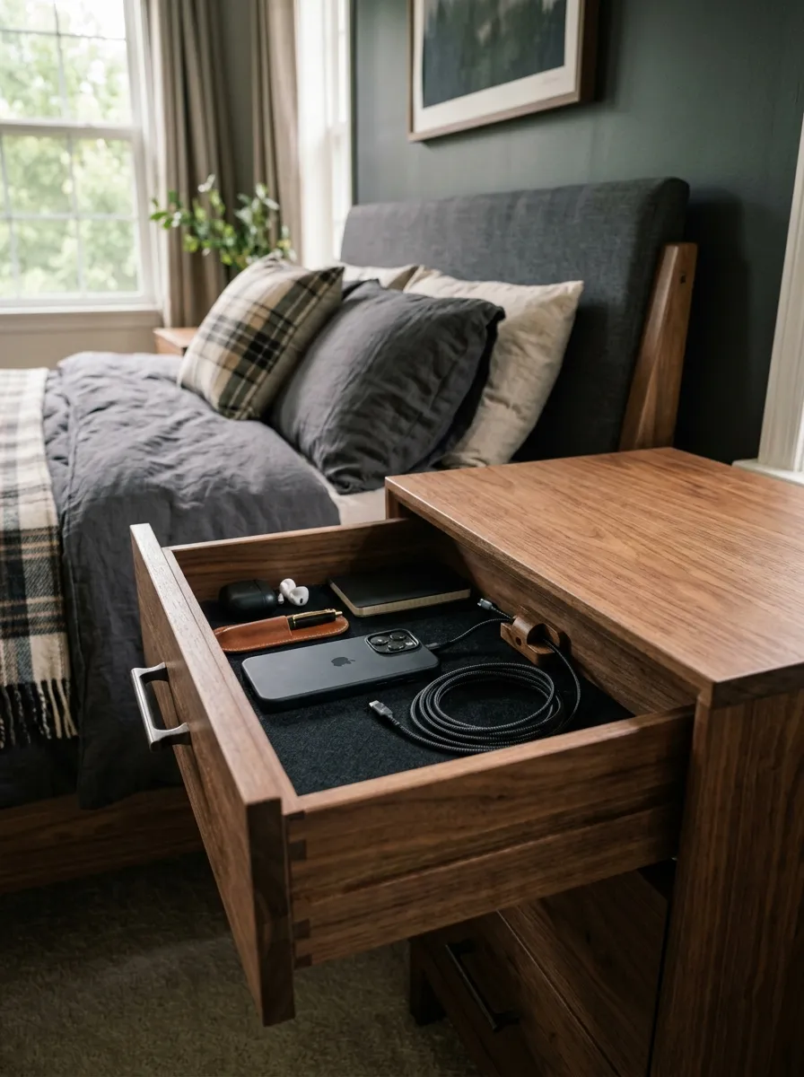 Prompt: A real-life photo of an open wooden nightstand drawer in a masculine bedroom showing a neatly hidden phone charging cable, with a clean bare surface on top. Bright natural light, organized and beautifully arranged, realistic lifestyle photography, not a render.