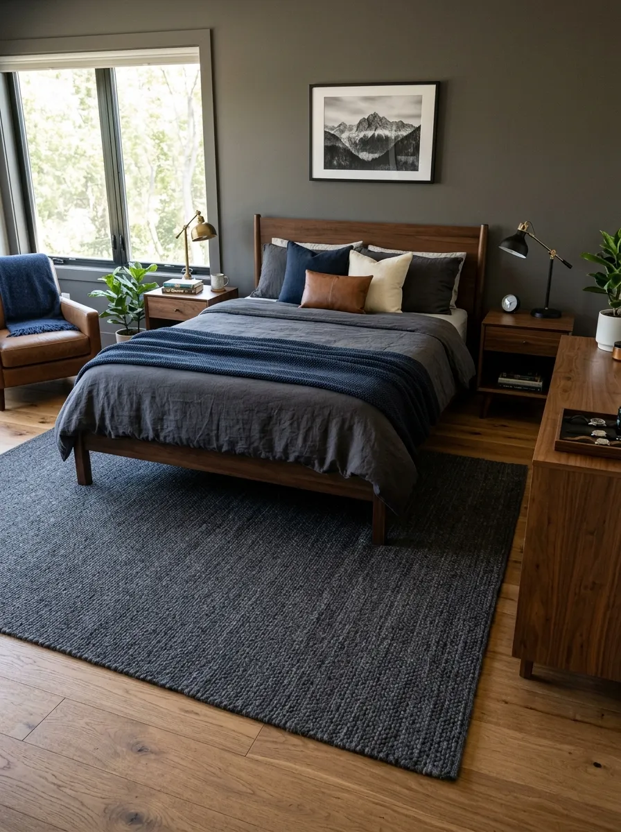 Prompt: A real-life photo of a large charcoal wool rug layered under a bed frame in a masculine bedroom, extending past both sides of the mattress. Bright natural light, clean, organized, and beautifully arranged, realistic lifestyle photography, not illustration.