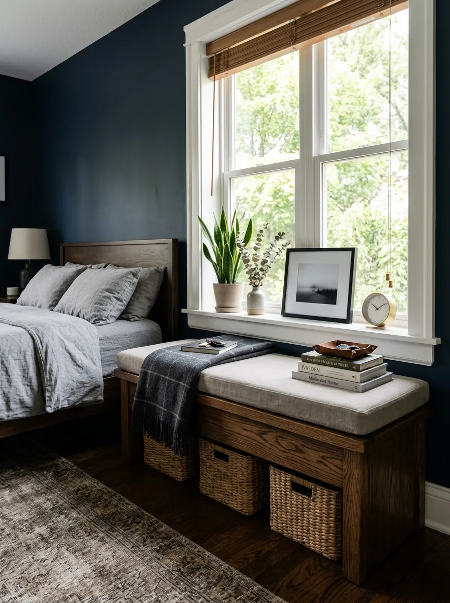 Prompt: A real-life photo of a low wooden storage bench with a flat neutral cushion placed under a window in a masculine bedroom. Bright natural light, clean, organized, and beautifully arranged, realistic lifestyle photography, not a render.