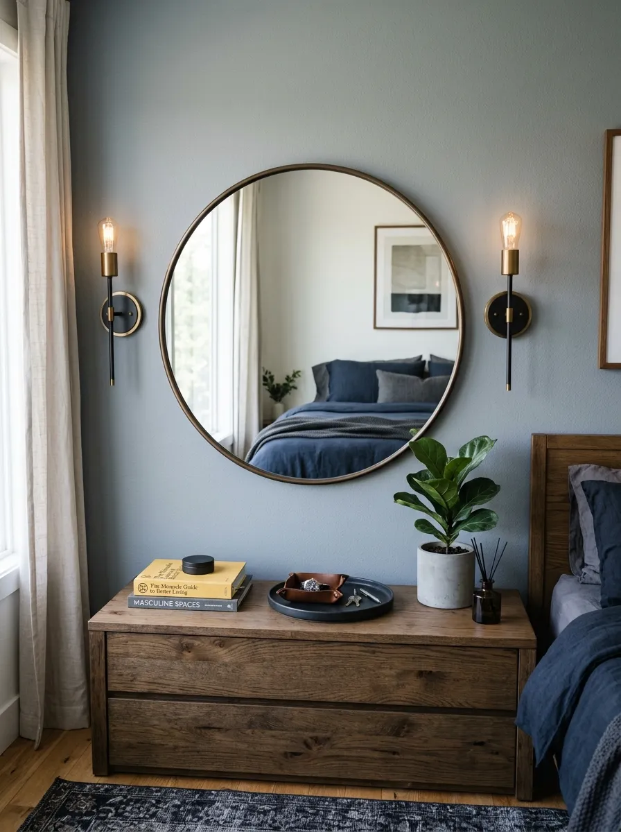 Prompt: A real-life photo of a round wall mirror flanked by two small sconce lights in a masculine bedroom, mounted at eye level with no shadows on the wall. Bright natural light, clean, organized, and beautifully arranged, realistic lifestyle photography, not illustration.