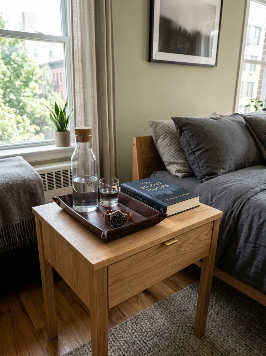 Prompt: A real-life photo of a minimalist wooden nightstand in a masculine bedroom, beautifully arranged with a leather tray holding a glass water carafe, one hardcover book, and a watch. Bright natural light, clean and organized styling, realistic lifestyle photography, not 3D render.