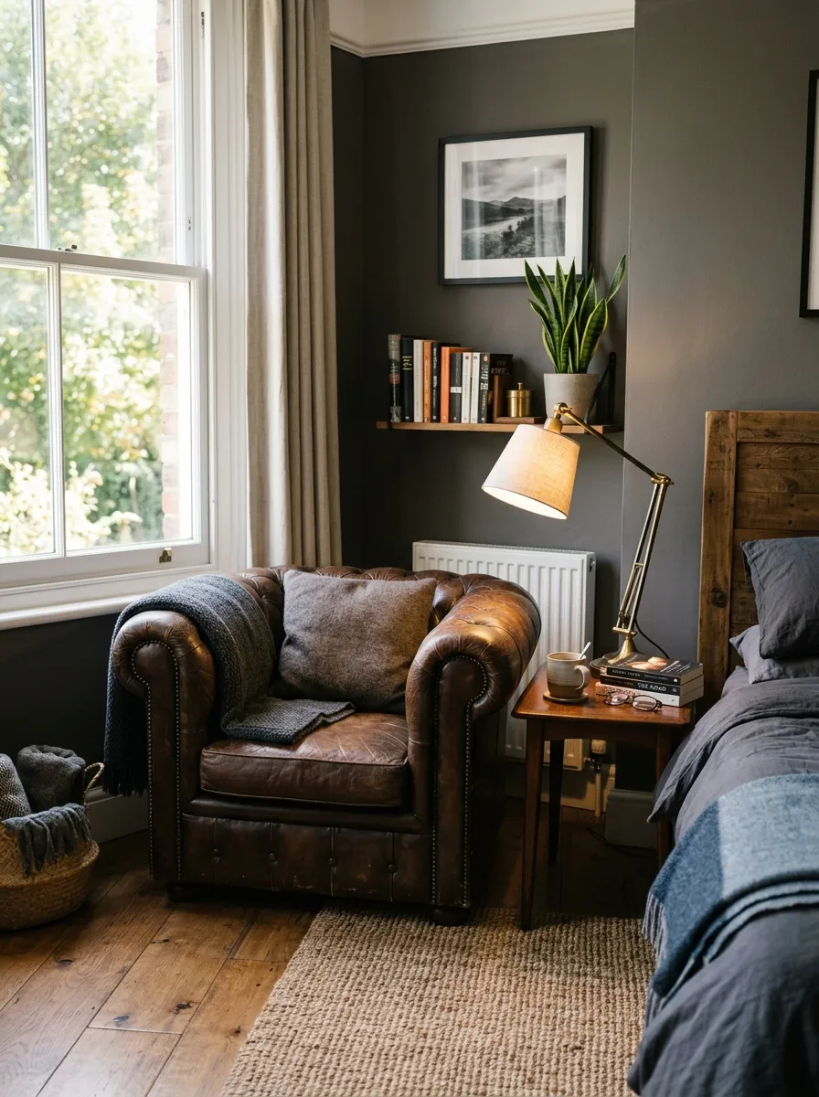 Prompt: A real-life photo of a leather armchair placed in the corner of a masculine bedroom, next to a small wooden side table and a reading lamp. Bright natural light, clean, organized, and beautifully arranged, realistic lifestyle photography, not a render.