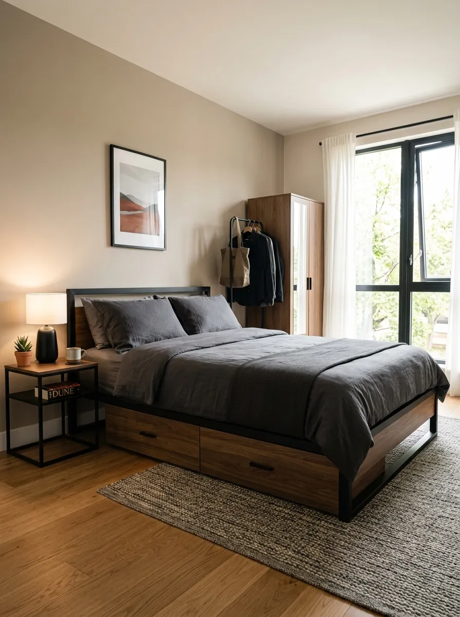 Real-life photography of a modern men's bedroom, low platform bed with built-in wooden storage drawers, neatly made bed with charcoal grey linens, matte black metal bed frame, bright natural light streaming through a window, clean and organized room, minimalist decor, vibrant warm tones, stock photo style, no 3D render, no illustration