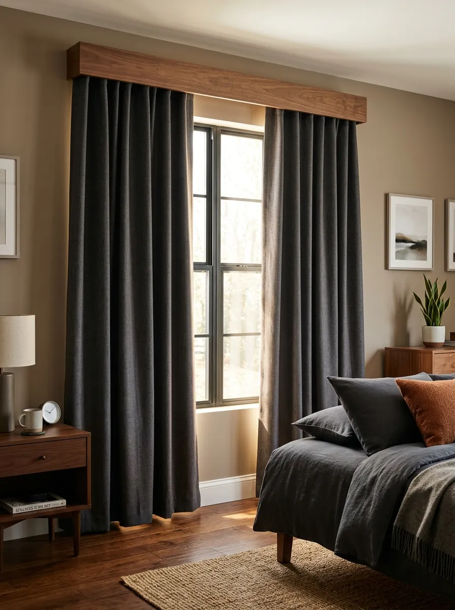 Real-life photography of a men's bedroom window with floor-length charcoal blackout curtains, warm wood valance detail, neatly arranged and organized room, bright natural light peeking through the edges, clean modern bedroom styling, vibrant warm tones, stock photo style, no 3D render, no illustration