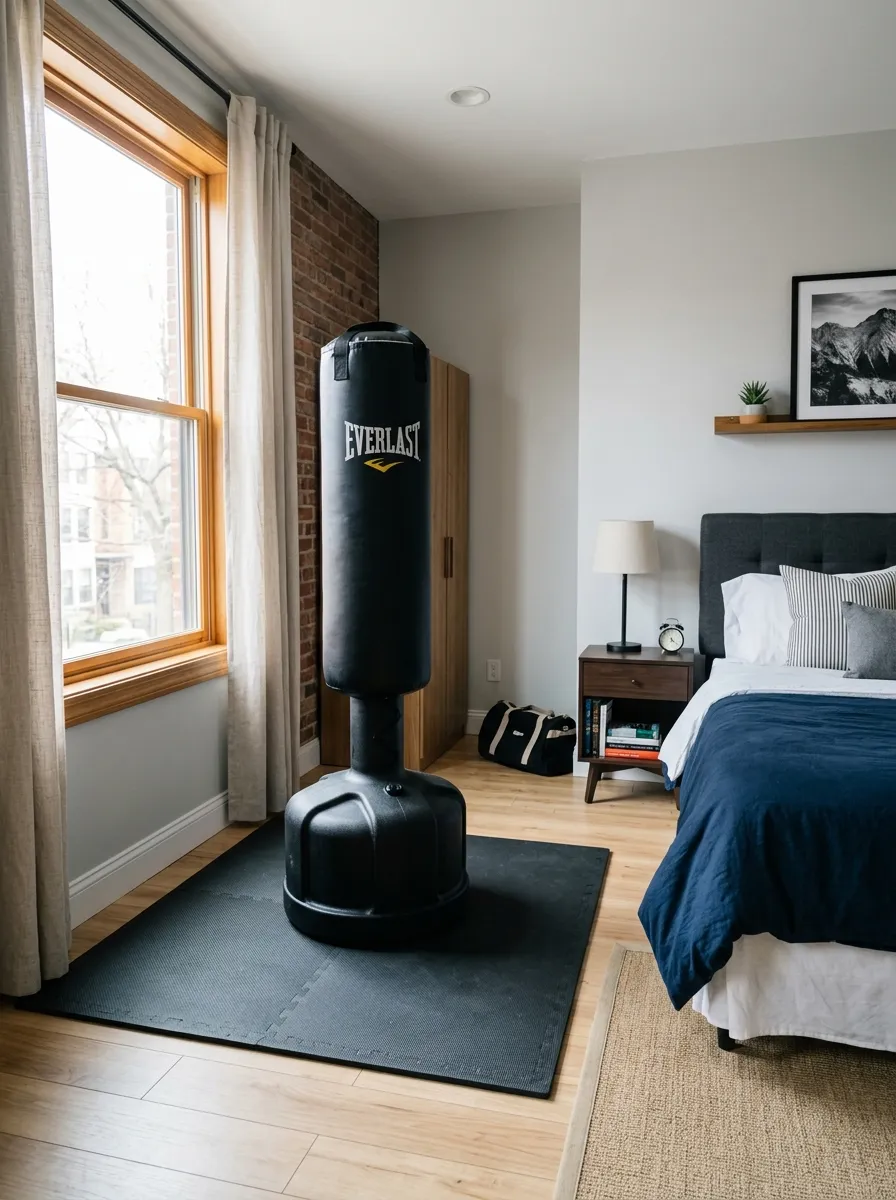Real-life photography of a freestanding punching bag in the corner of a men's bedroom, neatly placed rubber floor mat underneath, bright natural light from a nearby window, clean organized room styling, vibrant energetic tones, stock photo style, no 3D render, no illustration