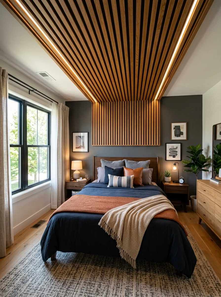Real-life photography of a men's bedroom with a slatted wood ceiling accent above a neatly made bed, warm recessed lighting between the slats, bright natural light from the side, clean organized modern bedroom, vibrant cozy tones, stock photo style, no 3D render, no illustration
