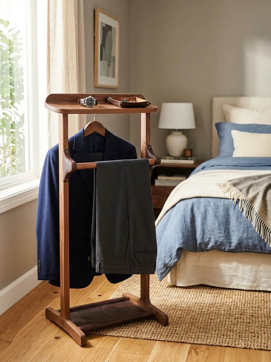 Real-life photography of a wooden leather valet stand in a men's bedroom, neatly draped jacket and folded trousers, watch resting on top, bright natural light, clean organized bedroom corner, vibrant warm tones, stock photo style, no 3D render, no illustration