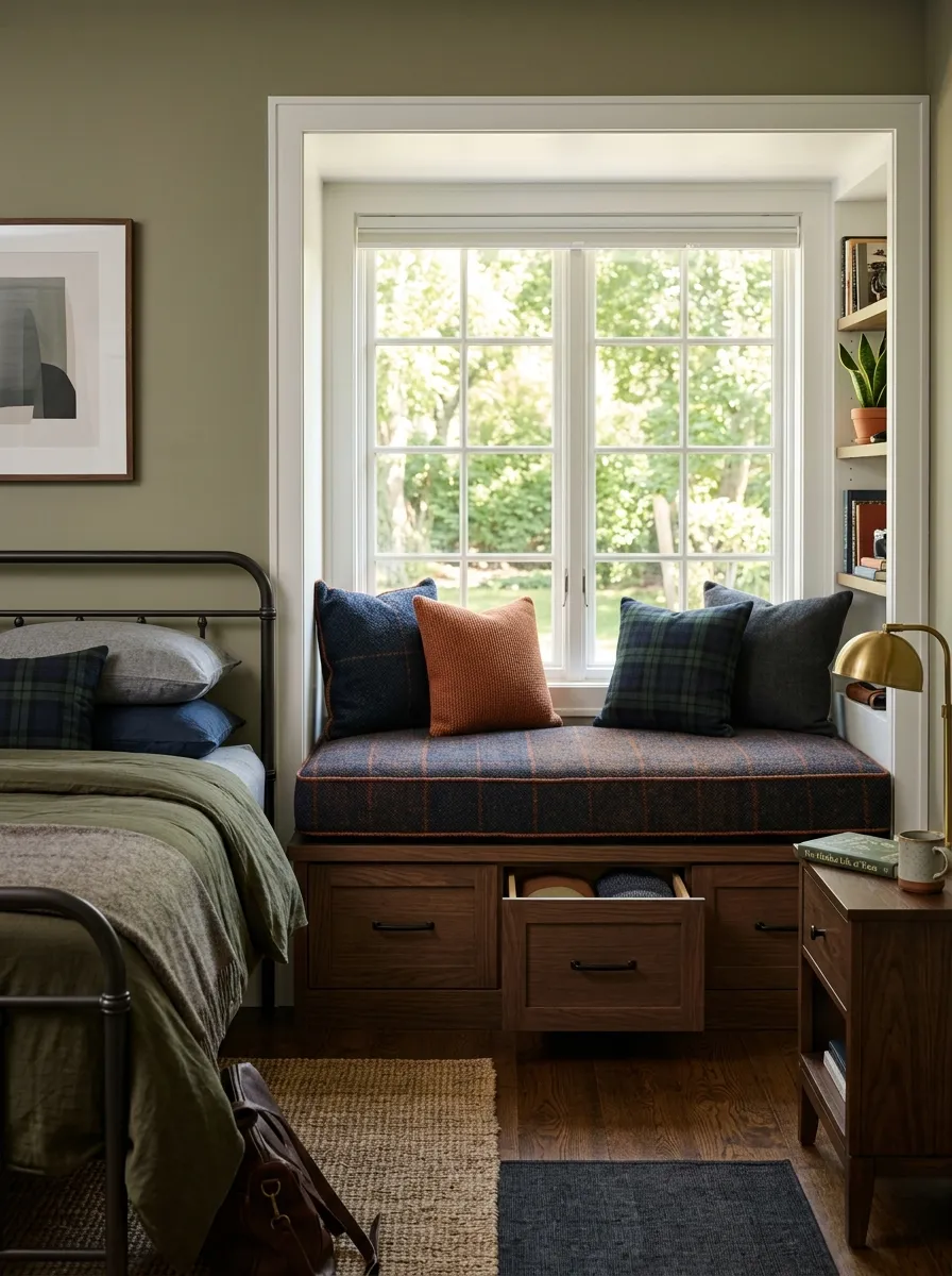 Real-life photography of a built-in window seat with hidden storage in a men's bedroom, neatly arranged deep-toned wool cushion, bright natural light streaming through the window, clean organized room styling, vibrant warm tones, stock photo style, no 3D render, no illustration