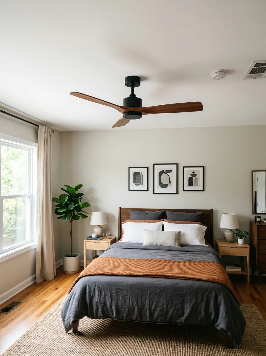Real-life photography of a matte black ceiling fan with warm wood blades in a men's bedroom, neatly made bed below, bright natural light, clean organized modern bedroom, vibrant warm tones, stock photo style, no 3D render, no illustration