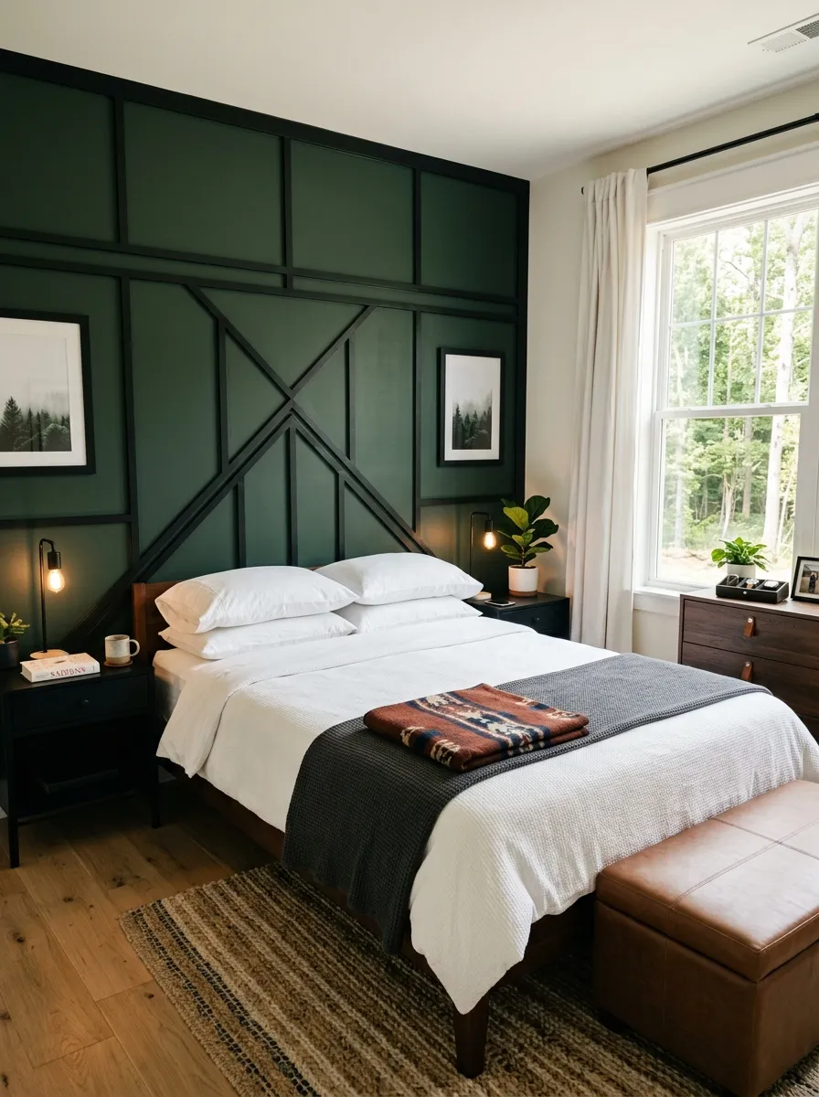 Real-life photography of a men's bedroom with a deep forest green accent wall behind a neatly made bed, matte black wood trim detail, crisp white linens, bright natural light from a nearby window, clean organized space, warm vibrant colors, cozy masculine interior, stock photo style, no 3D render