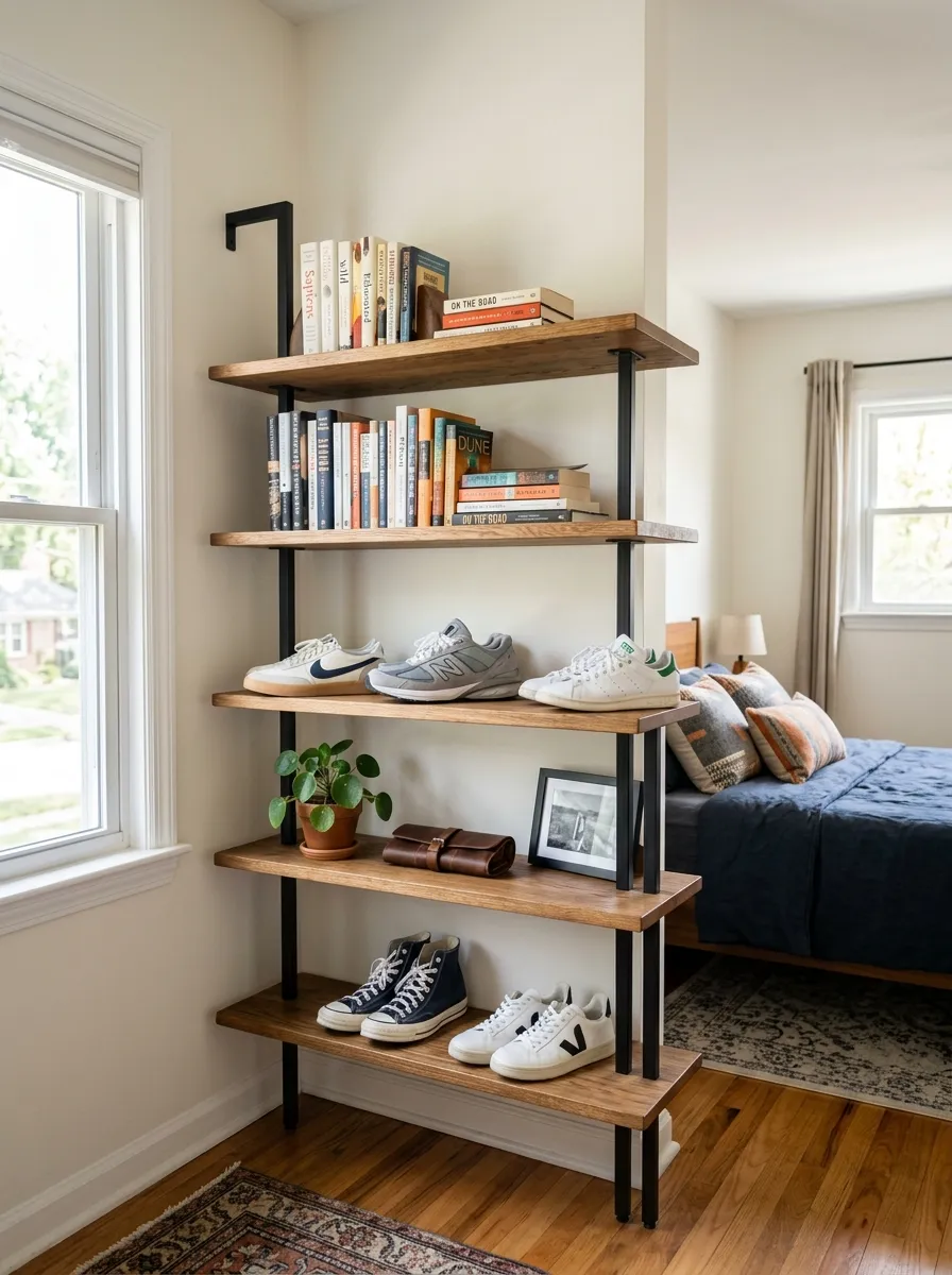 Real-life photography of a modular wood and metal shelving unit in a men's bedroom, neatly arranged books and sneakers displayed in curated groups, bright natural light, clean organized bedroom wall, vibrant warm tones, stock photo style, no 3D render, no illustration