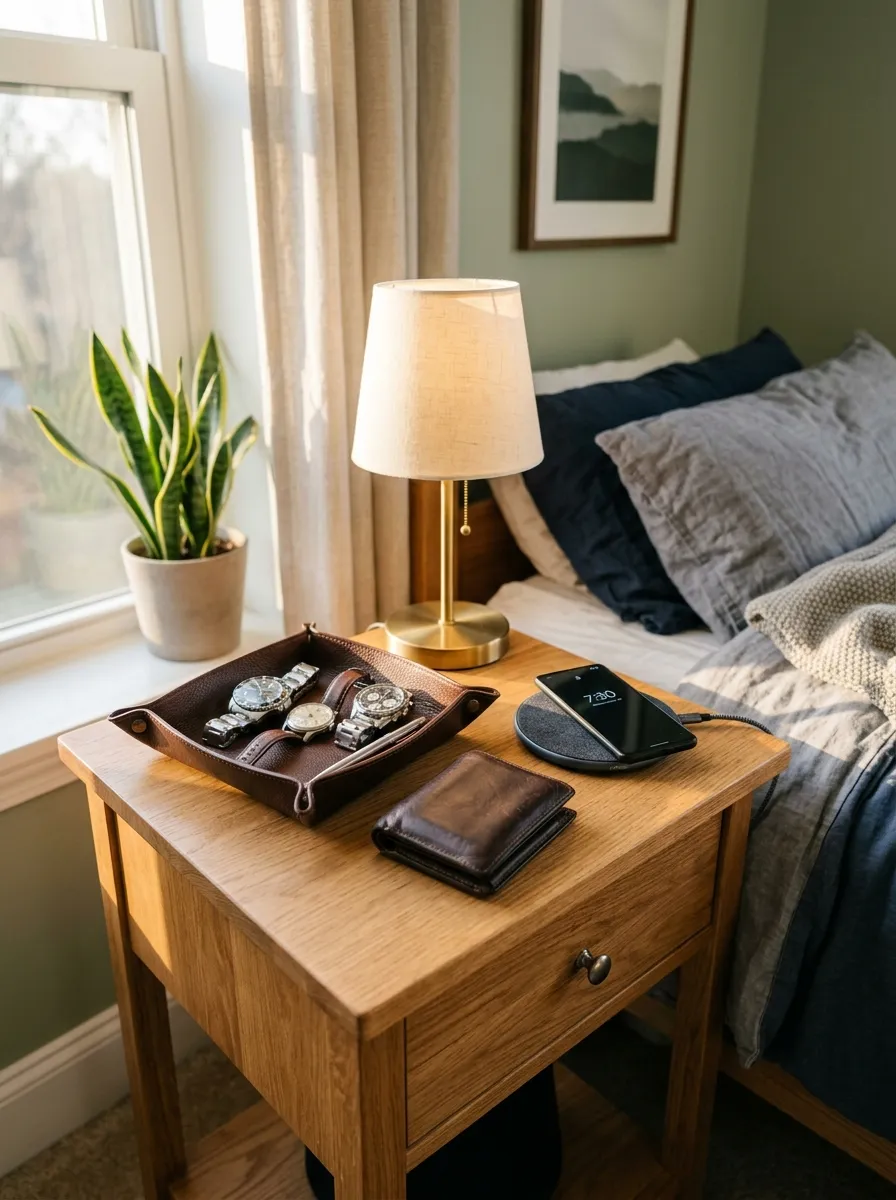 Real-life photography of a minimalist wooden nightstand in a men's bedroom, neatly arranged leather watch tray, folded wallet, wireless charging pad, small warm lamp, bright natural morning light, clean organized surface, vibrant cozy tones, stock photo style, no 3D render, no illustration