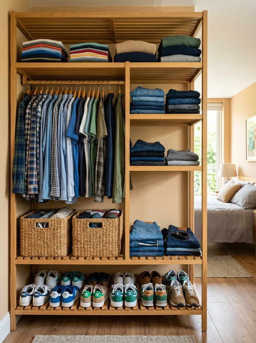 Real-life photography of an open wardrobe in a men's bedroom, slatted natural wood shelving, neatly folded shirts and jeans, organized sneakers lined up, woven storage baskets, bright natural light, clean and tidy closet space, vibrant warm colors, stock photo style, no 3D render