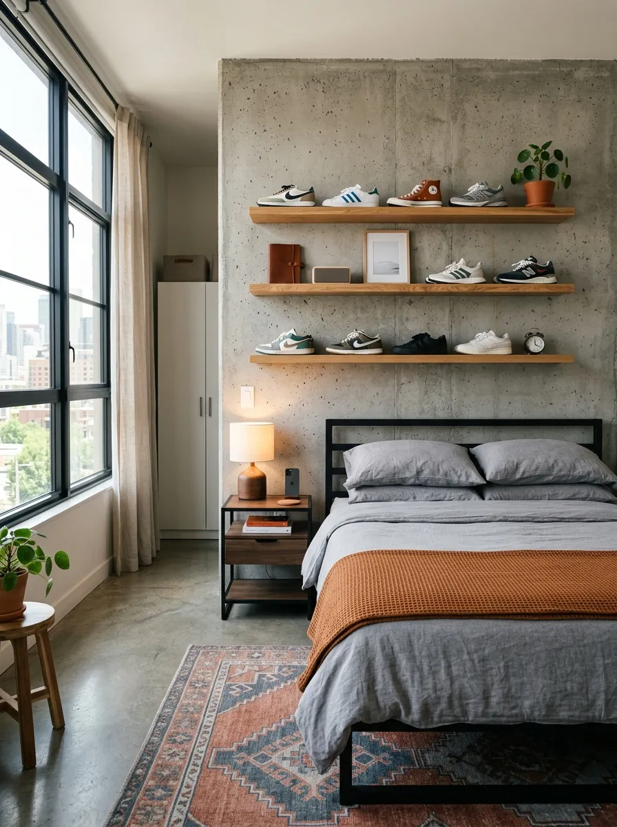 Real-life photography of a men's bedroom with a concrete-textured accent wall, neatly arranged floating oak wood shelves displaying sneakers and a small potted plant, bed with grey linen neatly made, bright natural light, clean organized industrial style room, vibrant warm tones, stock photo style, no 3D render, no illustration